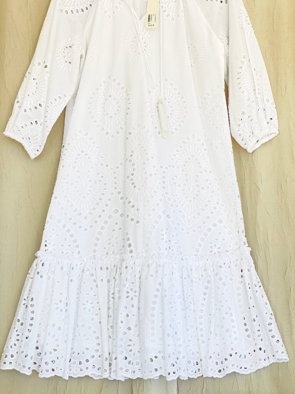 Soft Surroundings Small White Eyelet Peasant Midi Ruffle Dress Cotton 3/4 Sleeve - Picture 9 of 13